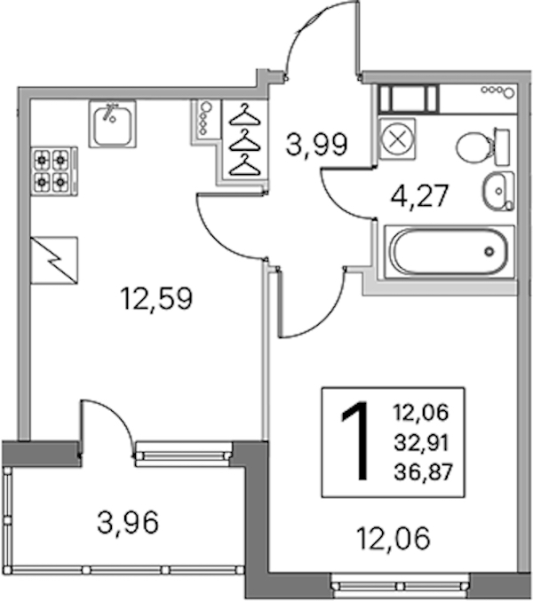 1-комнатная квартира 32.91 м², 3/5 эт., ЖК «ЮгТаун. Олимпийские кварталы»